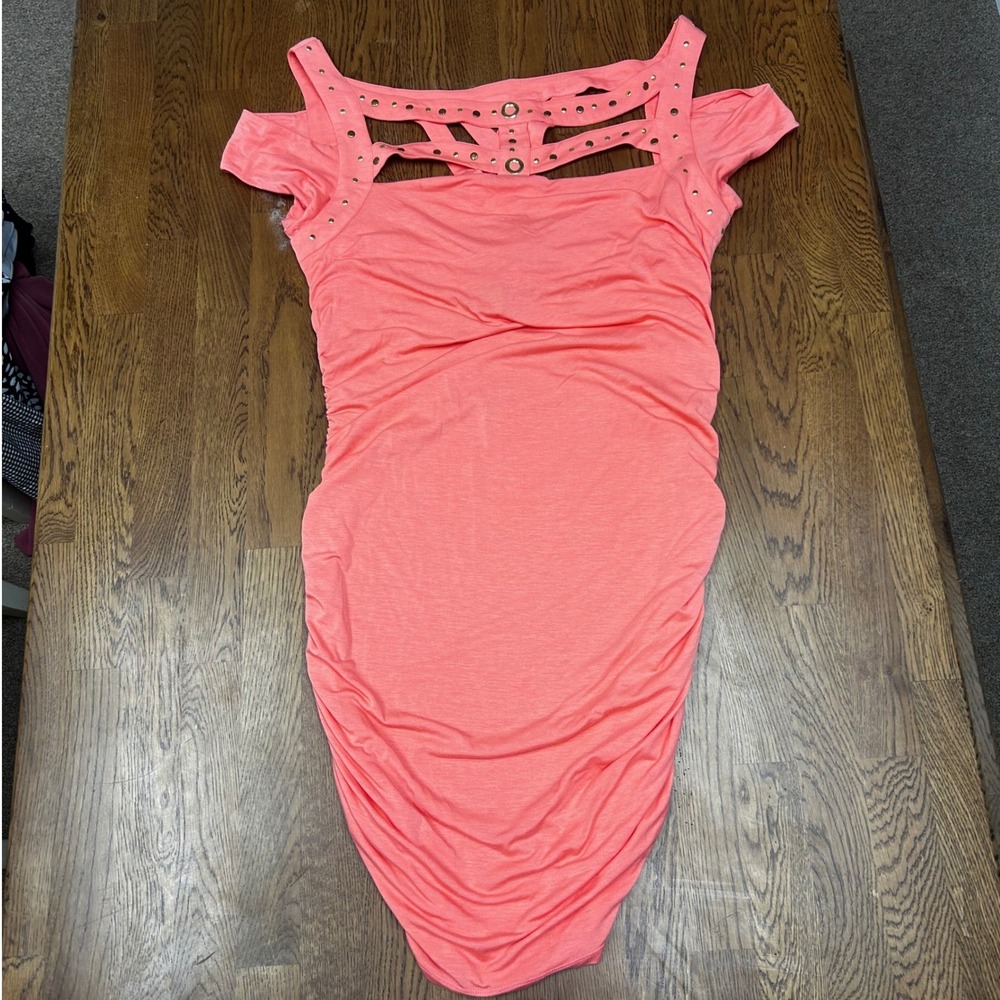 Y2K Baby Phat Coral Pink Ruched Bodycon Dress Studded 2X McBling Clubwear Baddie - Picture 2 of 8